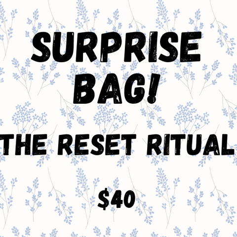Promotional text for 'Surprise Bag! The Reset Ritual' with a price tag on a floral background.