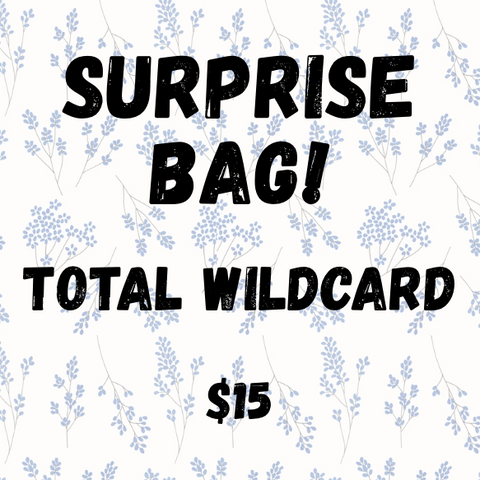 Promotional graphic for a 'Surprise Bag' with a total wildcard price of $15, featuring floral patterns.