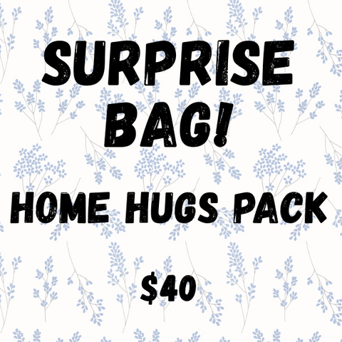 Promotional graphic for 'Surprise Bag! Home Hugs Pack' with floral background