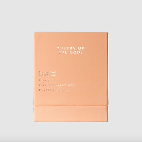 Beige product packaging with 'POETRY OF THE GODS' text on a light gray background