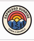 Espresso Sunrise Cabin 5 Granola logo on a product page with a mountain and sunset design.