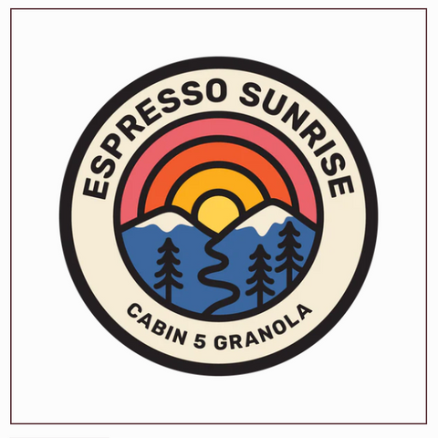 Espresso Sunrise Cabin 5 Granola logo on a product page with a mountain and sunset design.