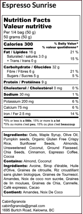 Nutrition facts label for Espresso Sunrise product with ingredients list.