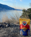 Packaged product with a scenic background of a lake and mountains