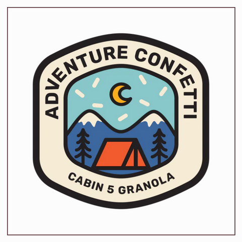 Cabin 5 Granola logo with mountain, tent, and moon design on a website page.