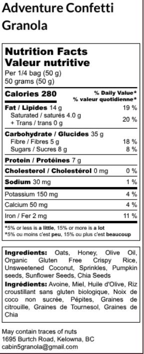 Nutrition facts label for Adventure Confetti Granola