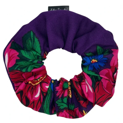 Colorful floral scrunchie on a white background