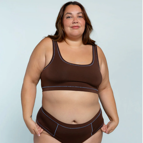 Woman wearing a brown thong and sports bra set with side views displayed on the left.