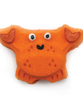 Orange plush toy shaped like a cat on a white background