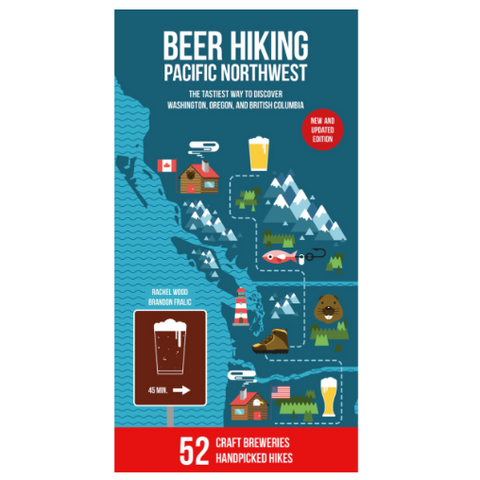 Map of the Pacific Northwest with beer-themed icons and text about beer hiking.
