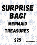 Promotional graphic for a 'Surprise Bag! Mermaid Treasures' with text and floral pattern.