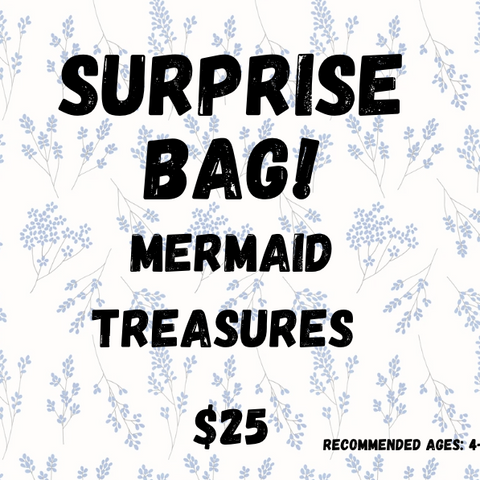 Promotional graphic for a 'Surprise Bag! Mermaid Treasures' with text and floral pattern.