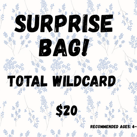 Promotional graphic for a 'Surprise Bag' with text and floral pattern