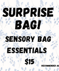 Promotional text for sensory bag essentials with a floral pattern