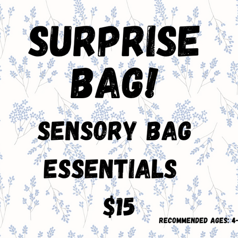 Promotional text for sensory bag essentials with a floral pattern