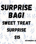 Promotional text for a 'Surprise Bag' sweet treat with floral background