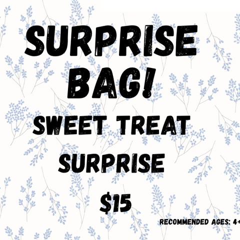 Promotional text for a 'Surprise Bag' sweet treat with floral background