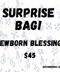 Promotional graphic for a 'Surprise Bag' Newborn Blessing with floral pattern