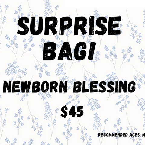 Promotional graphic for a 'Surprise Bag' Newborn Blessing with floral pattern