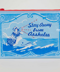 Blue pouch with a graphic design and text on a white background
