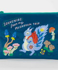 Blue pouch with cartoon dragon and mushrooms design on a white background
