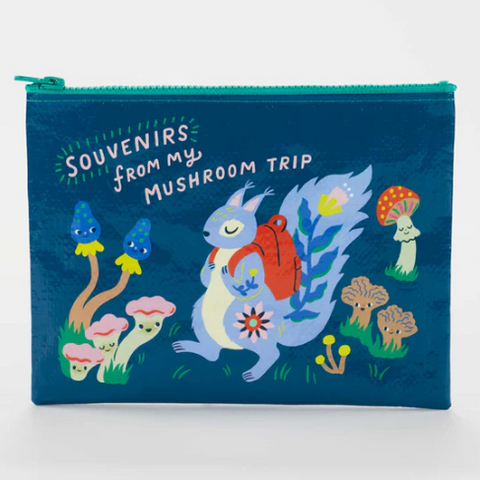 Blue pouch with cartoon dragon and mushrooms design on a white background