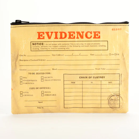 Pouch with 'EVIDENCE' design on a white background