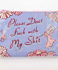 Pouch with floral design and text on a light blue background