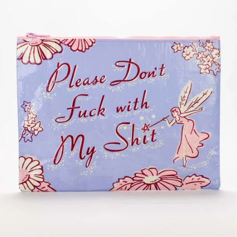 Pouch with floral design and text on a light blue background