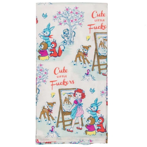 Towel with cartoon characters and text on a website page