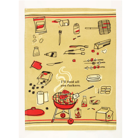 Product page with a graphic design of a grill and text on a beige background, displayed on a website.