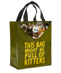Green tote bag with cat illustrations and text on a website page