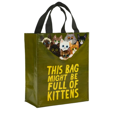 Green tote bag with cat illustrations and text on a website page