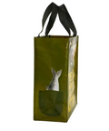 Green tote bag with fish design on a white background
