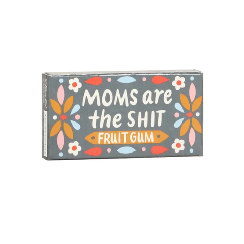 Box of 'Moms are the Shit' fruit gum on a website page with product details.