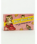 Product page of 'Hey Bitches Gum' with a pink box featuring cat illustrations on a website background.