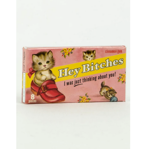 Product page of 'Hey Bitches Gum' with a pink box featuring cat illustrations on a website background.