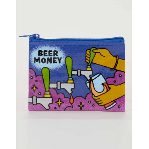 Blue pouch with 'Beer Money' design on a white background