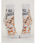Pair of socks with dog illustrations and text on a website page.