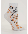 Sock with dog illustrations on a product page with text and navigation bar.