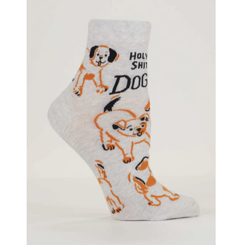 Sock with dog illustrations on a product page with text and navigation bar.