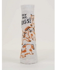 Gray sock with dog illustrations and text on a product page