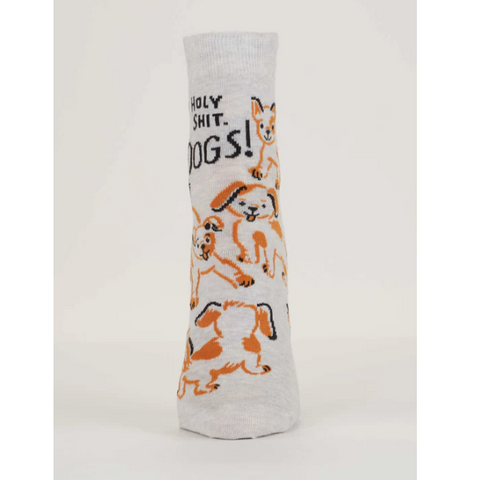 Gray sock with dog illustrations and text on a product page