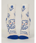 Pair of socks with blue flowers and 'Pretty Anxious' text on a white background
