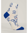 White sock with blue floral designs on a product page