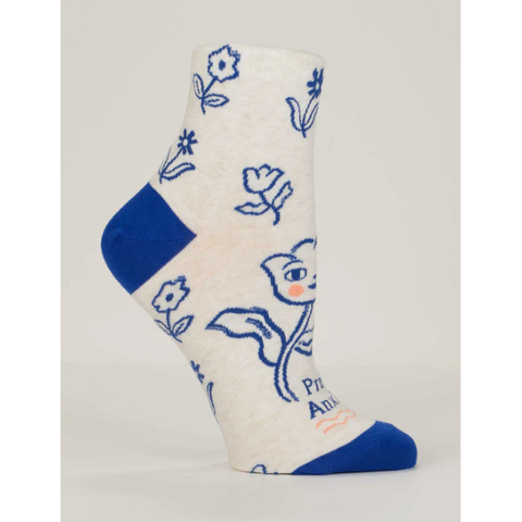White sock with blue floral designs on a product page