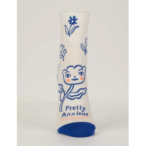 White sock with blue floral design and text on a website page