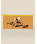 Pouch with 'silly dumb shit' text and bee graphic on a beige background