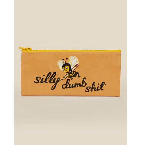 Pouch with 'silly dumb shit' text and bee graphic on a beige background