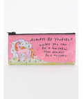 Pink unicorn pencil case with motivational quote on a white background